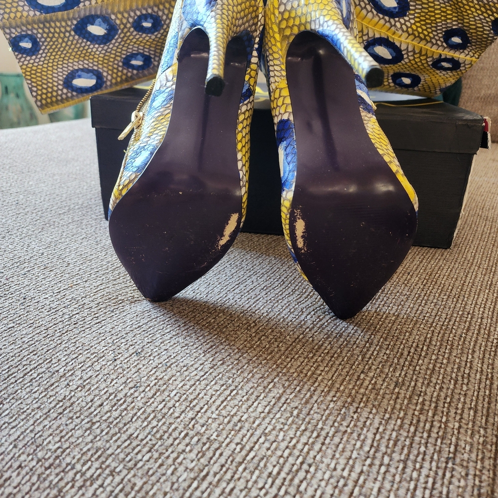 London Trash Yellow and Blue Snakeskin Knee-High Heeled Boots - Picture 6 of 9